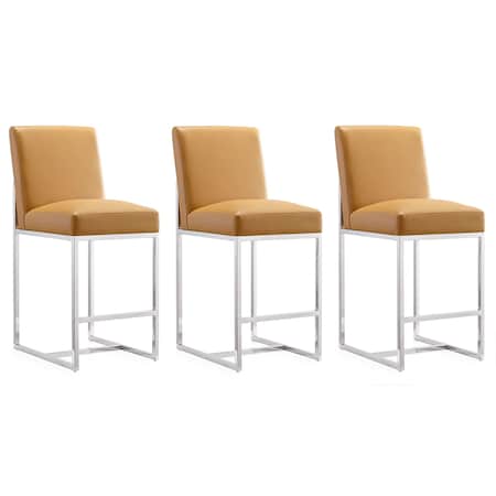 Manhattan Comfort Element 24 Faux Leather Counter Stool in Camel and Polished Chrome, PK3 3-CS003-CL